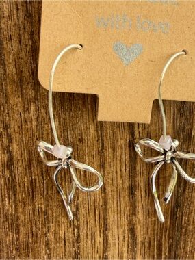 Silver Bow Drop Earrings with Pale Pink Accent